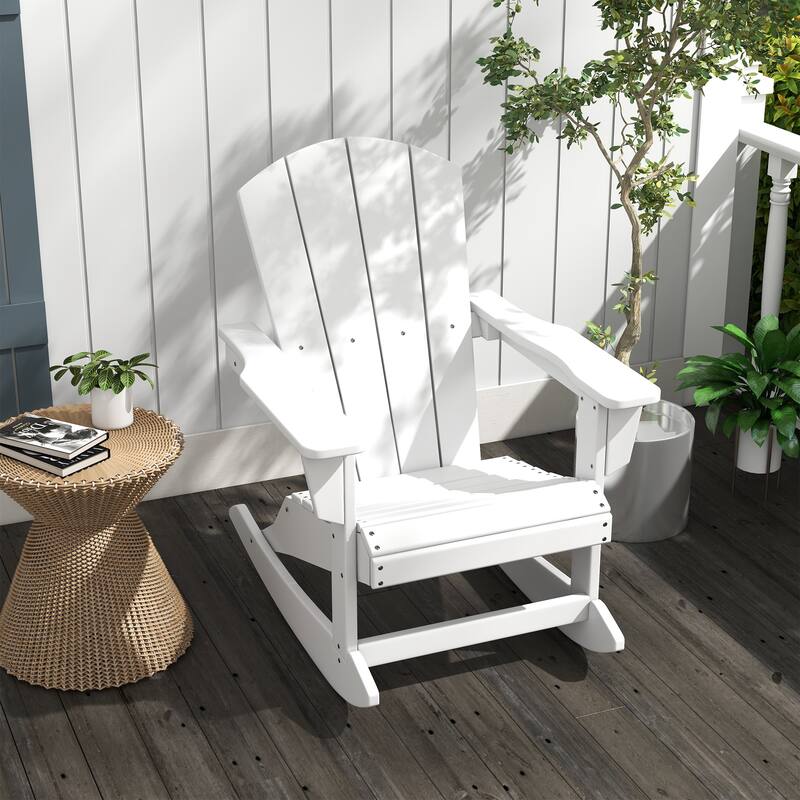 Outsunny Adirondack Rocking Chair, All Weather HDPE Porch Rocker, Rocking Fire Pit Chair for Patio, Garden, Lawn, White - Brown/White