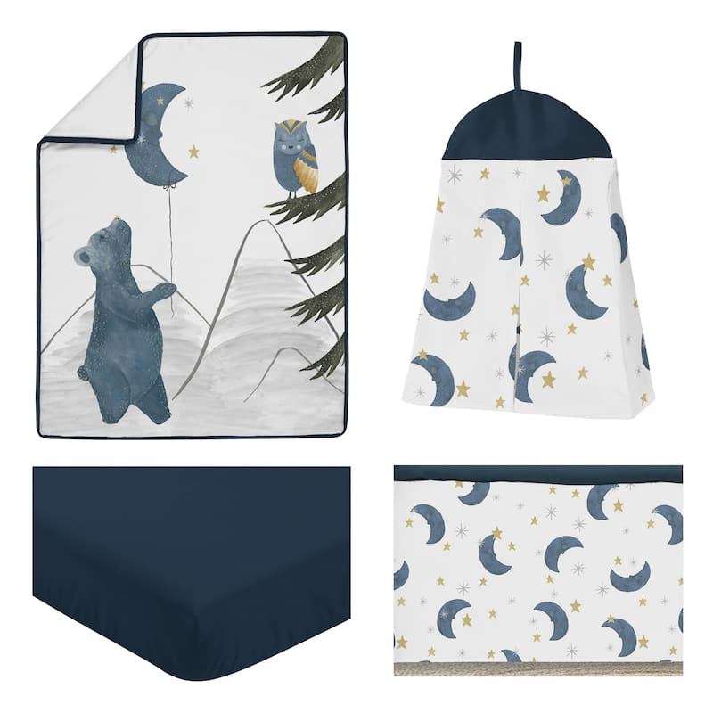 Woodland Bear and Owl Boy or Girl 4pc Nursery Crib Bedding Set - Navy Blue Grey Gold Black Celestial Moon Star Watercolor Forest