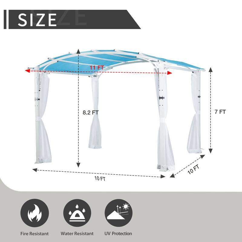 Cozywor 10 ft. x 10 ft. White Steel Patio Arched Pergola with Blue Shade Canopy and Curtains