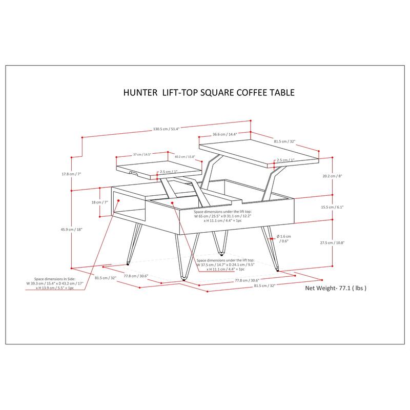 WYNDENHALL Moreno 32 inch Wide Square Industrial Lift Top Coffee Table - 32.1 x 32.1 x 18.1