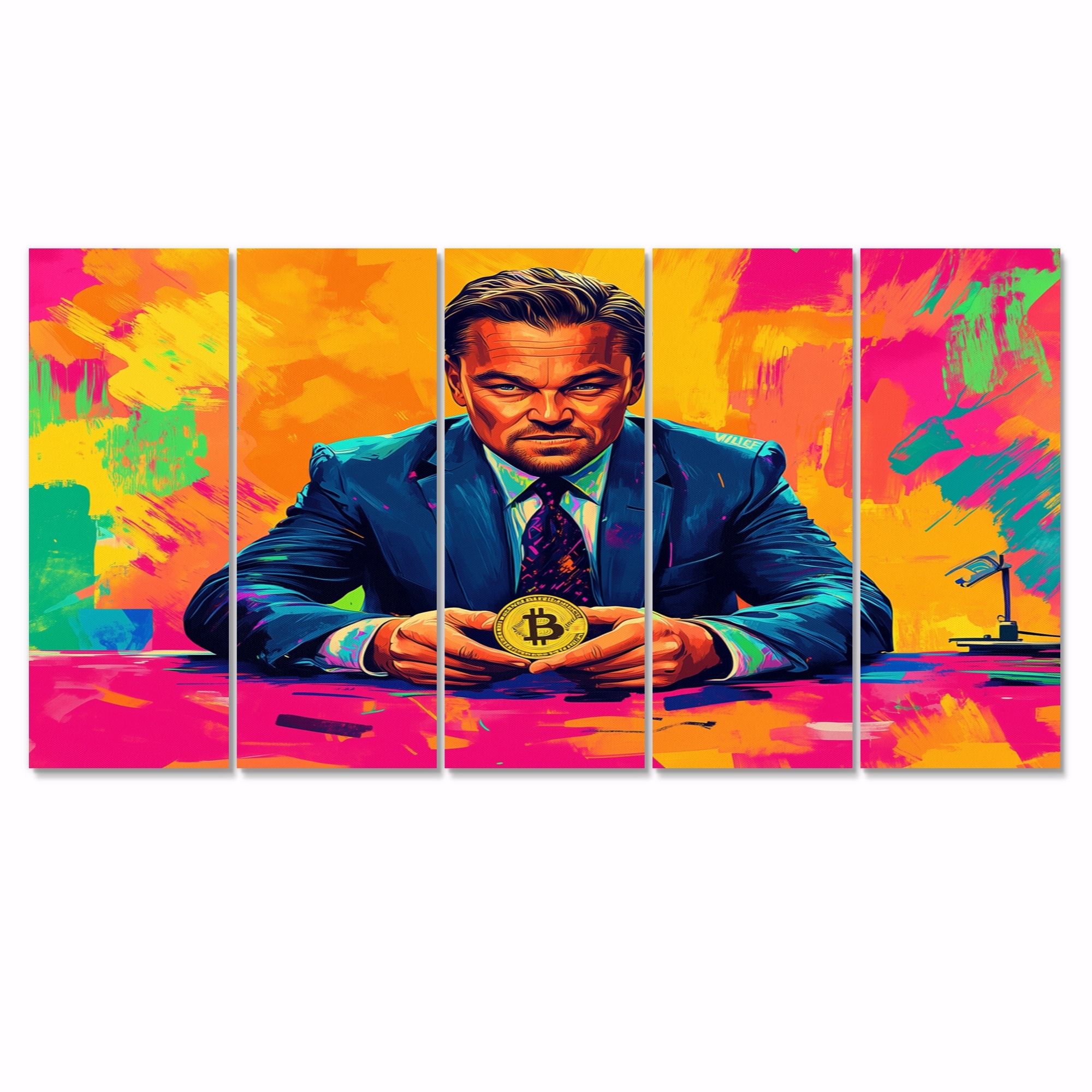 Designart - Popart Bitcoin Leonardo Dicaprio - Wolf of Wall Street Canvas  Wall Art Set - Oversized Glam Wall Decor