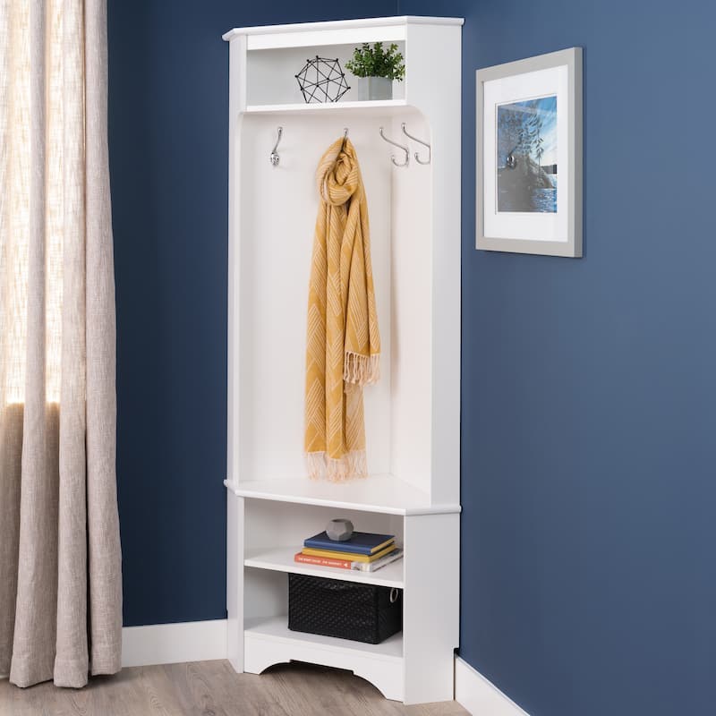 Prepac White Corner Hall Tree: Multifunctional Corner Clothes Rack with Corner Shoe Shelf - Space-Saving Corner Solution