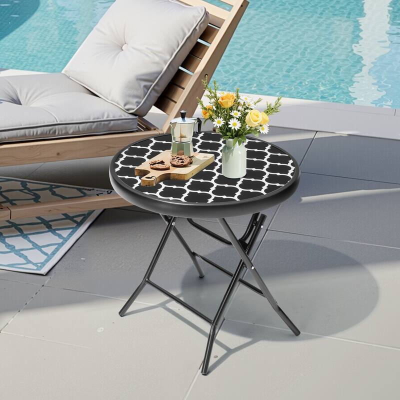 Outdoor Patio Folding Round Table Tempered Glass Top