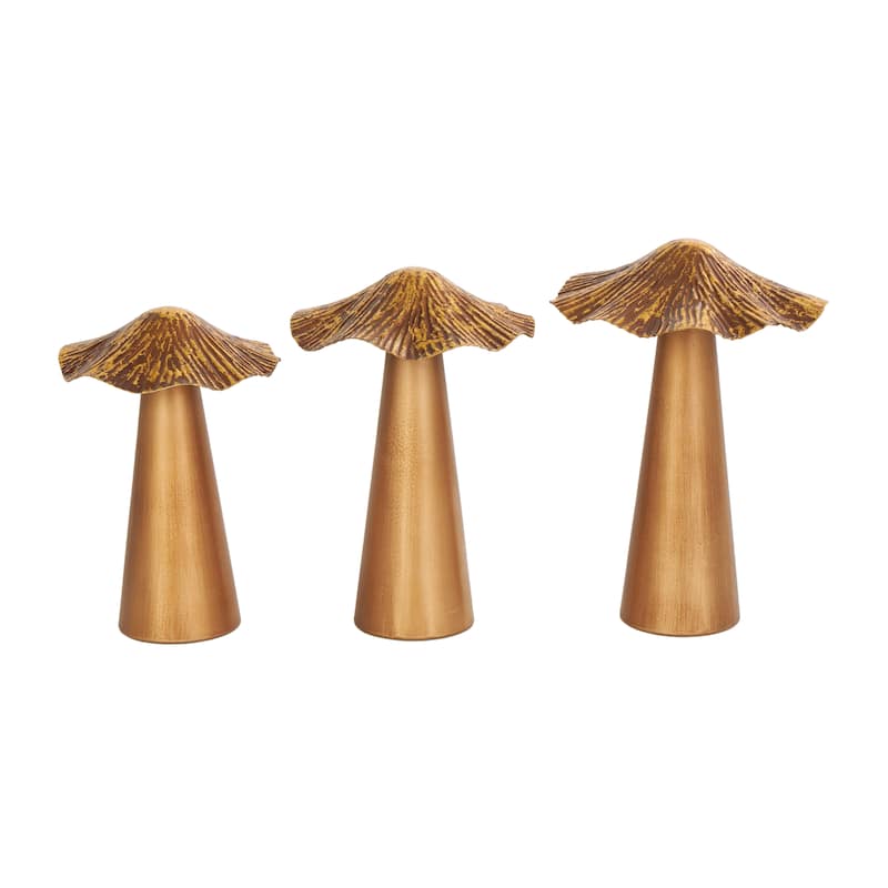 Bronze Metal Mushroom Decorative Sculpture with Textured Tops (Set of 3)