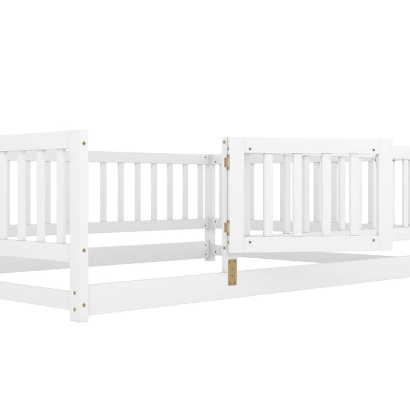 Montessori Floor Bed with Fence Guardrail and Removable Door Toddler Floor Wood Bed Frame for Kids Boys Girls Children's Room
