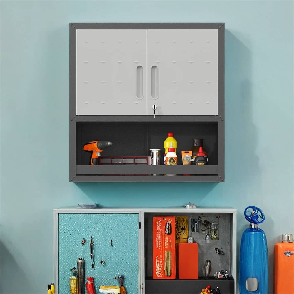 Wall-Mounted Tool Storage Cabinet w/Locking Door & Shelf Opened Drawer
