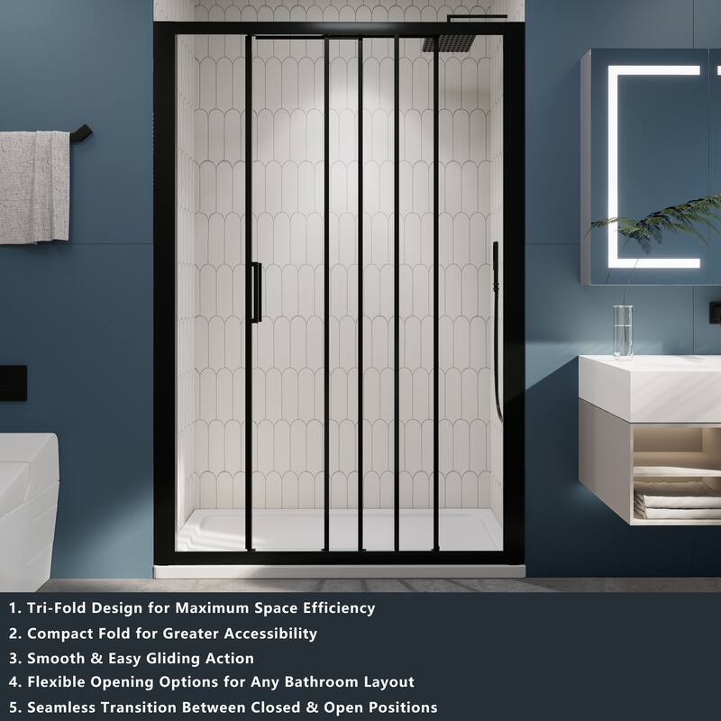 3-Panel Sliding Framed Shower Door in Matte Black Finish