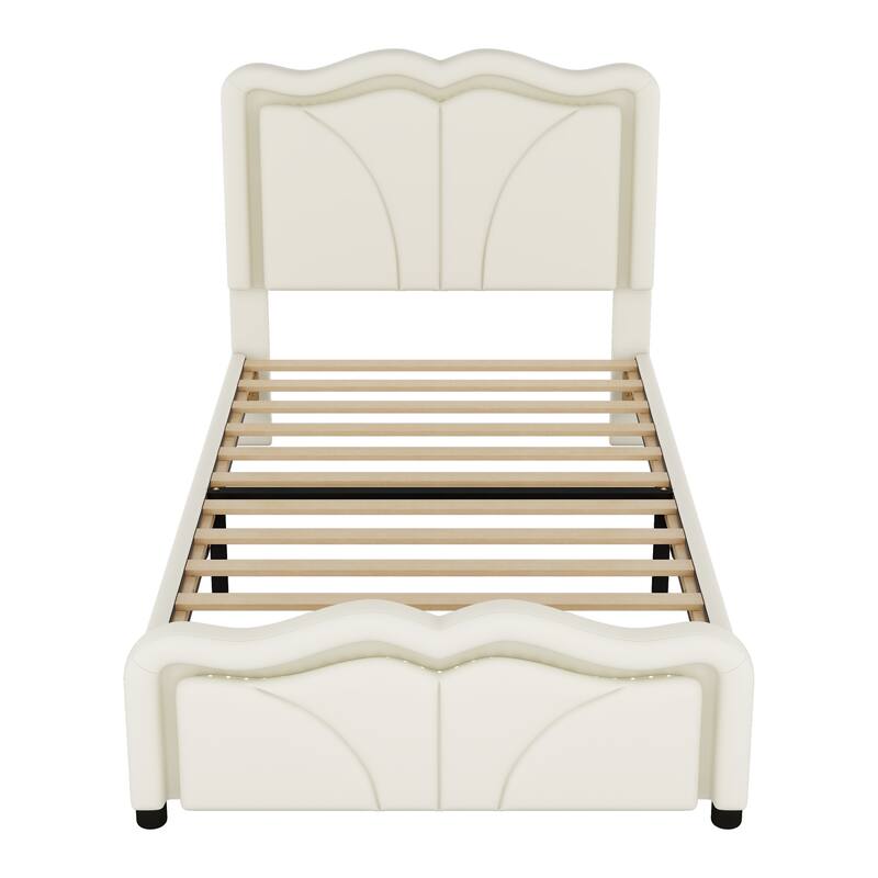Bright White Twin Upholstered Platform Bed with Curve Headboard & LEDs!