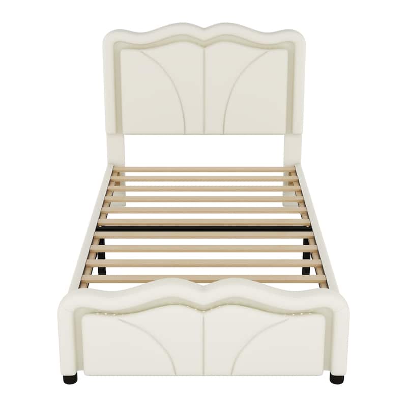 Twin Size Upholstered Platform Bed with Adjustable Headboard and LED Lights, White