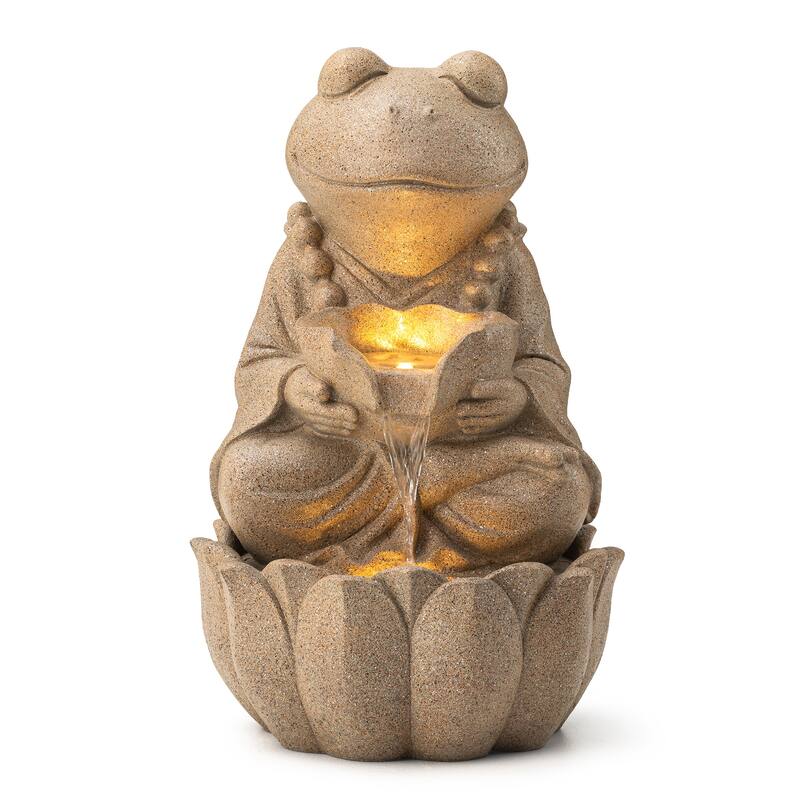 Glitzhome 21.75"H 2-Tiered Lighted Zen Style Frog Elephant Hippo Polyresin Outdoor Fountains - Tan - Frog