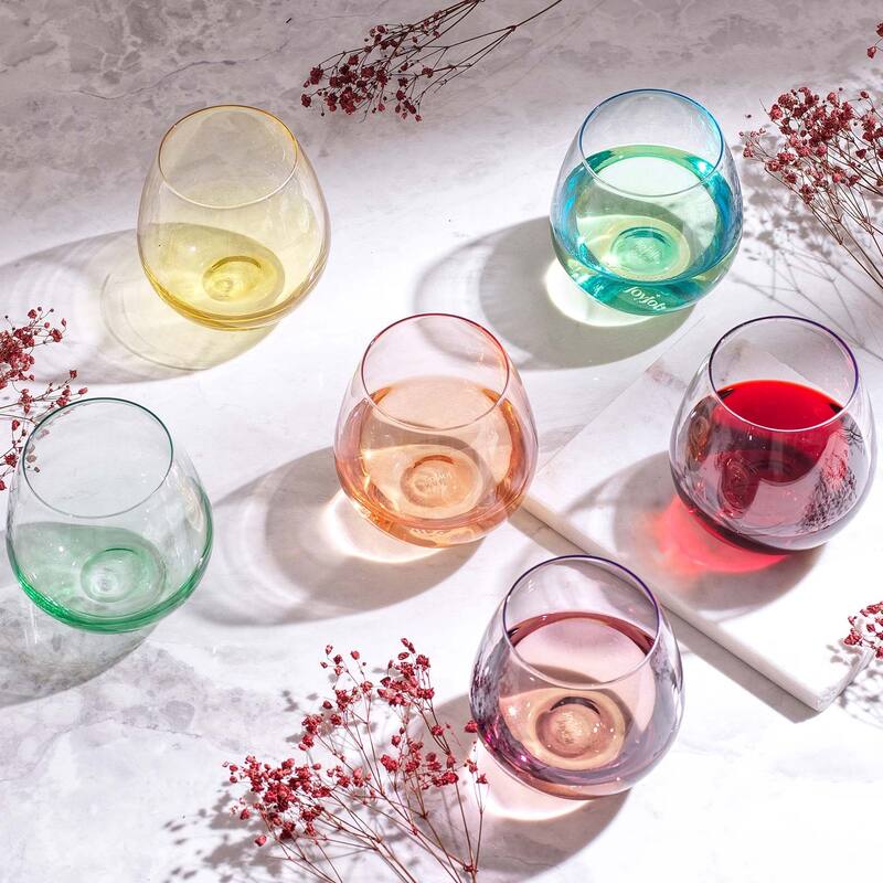 JoyJolt Hue Stemless Collection Colored Wine Glasses and Colored Champagne Flutes Set of 12