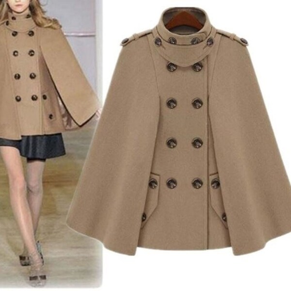 Women Wool Cape Coat Double Breasted Warm Jacket. Opens flyout.