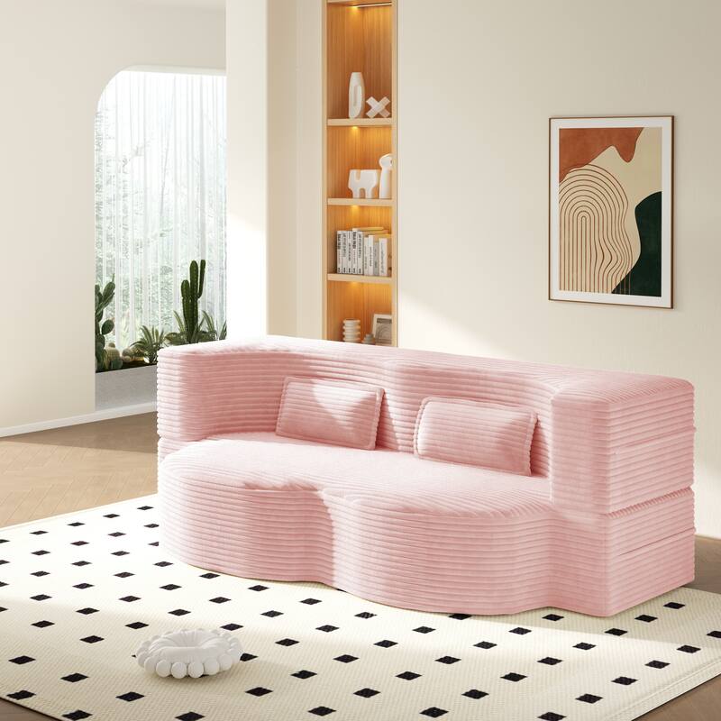 Convertible Floor Sofa with Corduroy Fabric, Twin Mattress & No Assembly