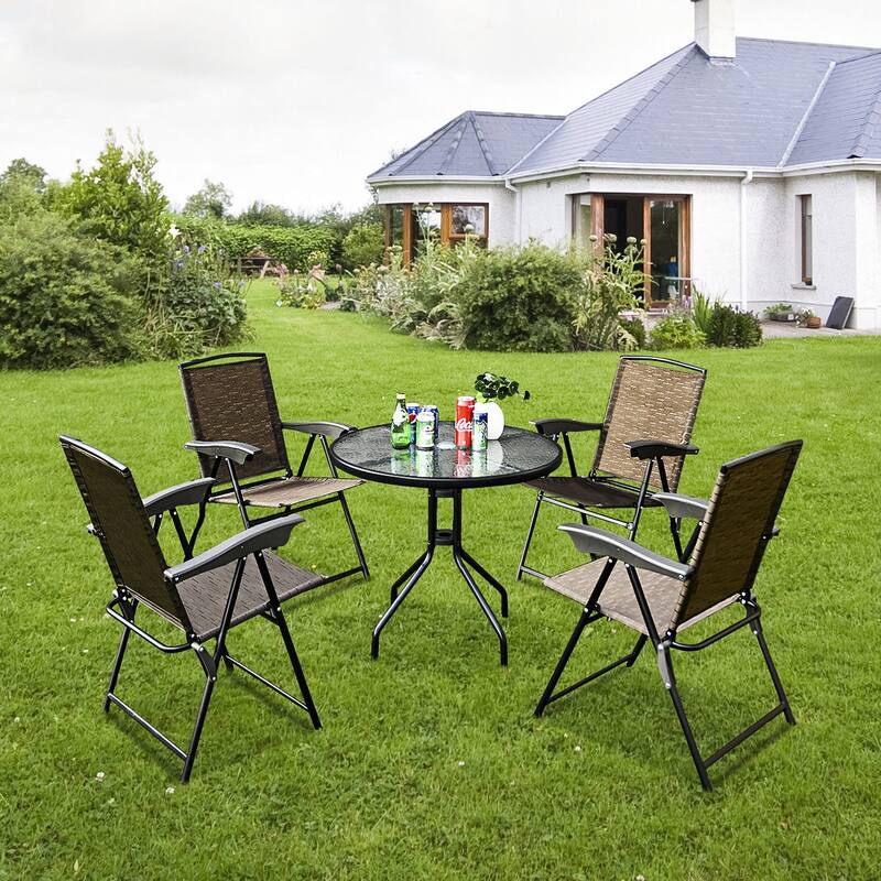 Costway 5PC Bistro Outdoor Patio Furniture Set Glass Table W/4 Folding - 5PC set