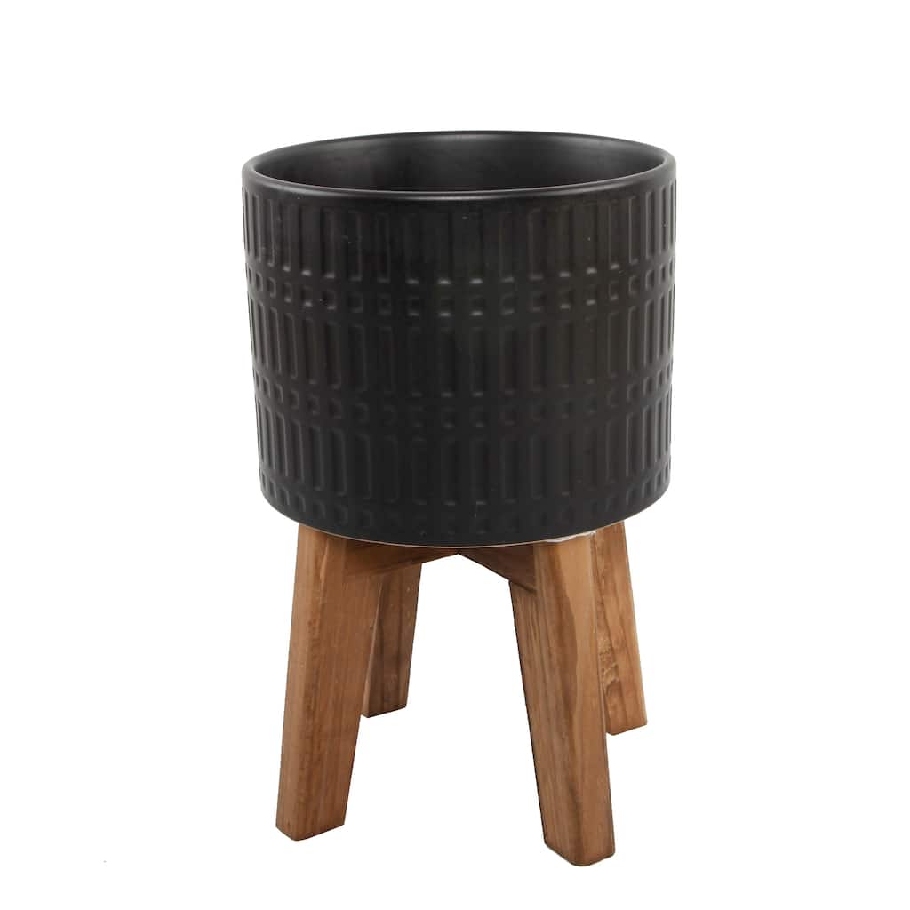 Black Roman Ceramic Planter On Wood Stand