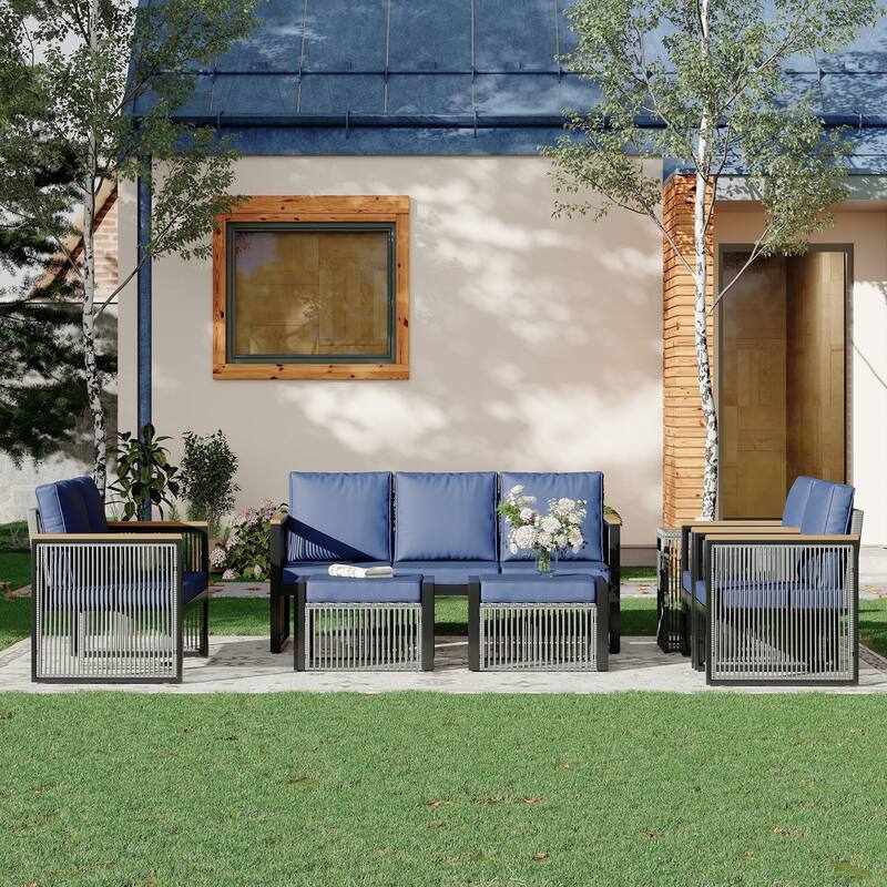 EROMMY Outdoor Patio Furniture Sets - 5/6/7 Piece All-Weather Conversation Sets withTable & Ottoman, Sectional Sofa & Chairs. - 7 PCS - Sofa & Loveseat & 2 Chairs & 2 Ottomans - Blue