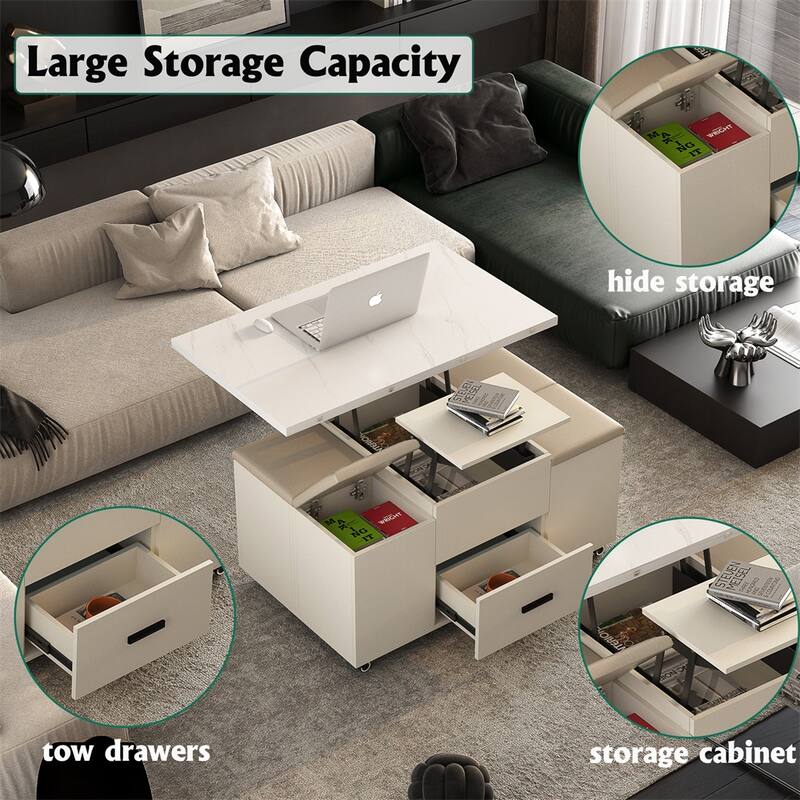 Modern Lift-Up Coffee Table with 4 Stools and 2 Drawers