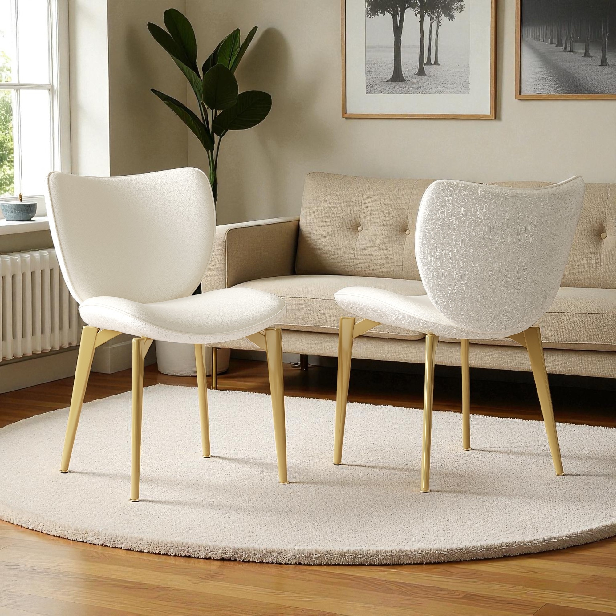 Set of 2 PU Leather Dining Chairs with Gold-Plated Carbon Steel Legs, Textured Leather Backrest & Cushioned Seat for Kitchen
