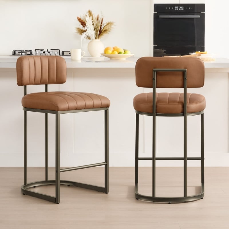 Spruce & Spring Upholstered Fixed Bar Stools with Gold Metal Base & Ergonomic Backrest - N/A