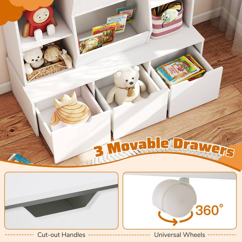 White Kids Storage Cabinet with Drawers and Cubbies Wooden Toy Organizer and Bookshelf for Playroom or Bedroom - 44" x 16" x 47"