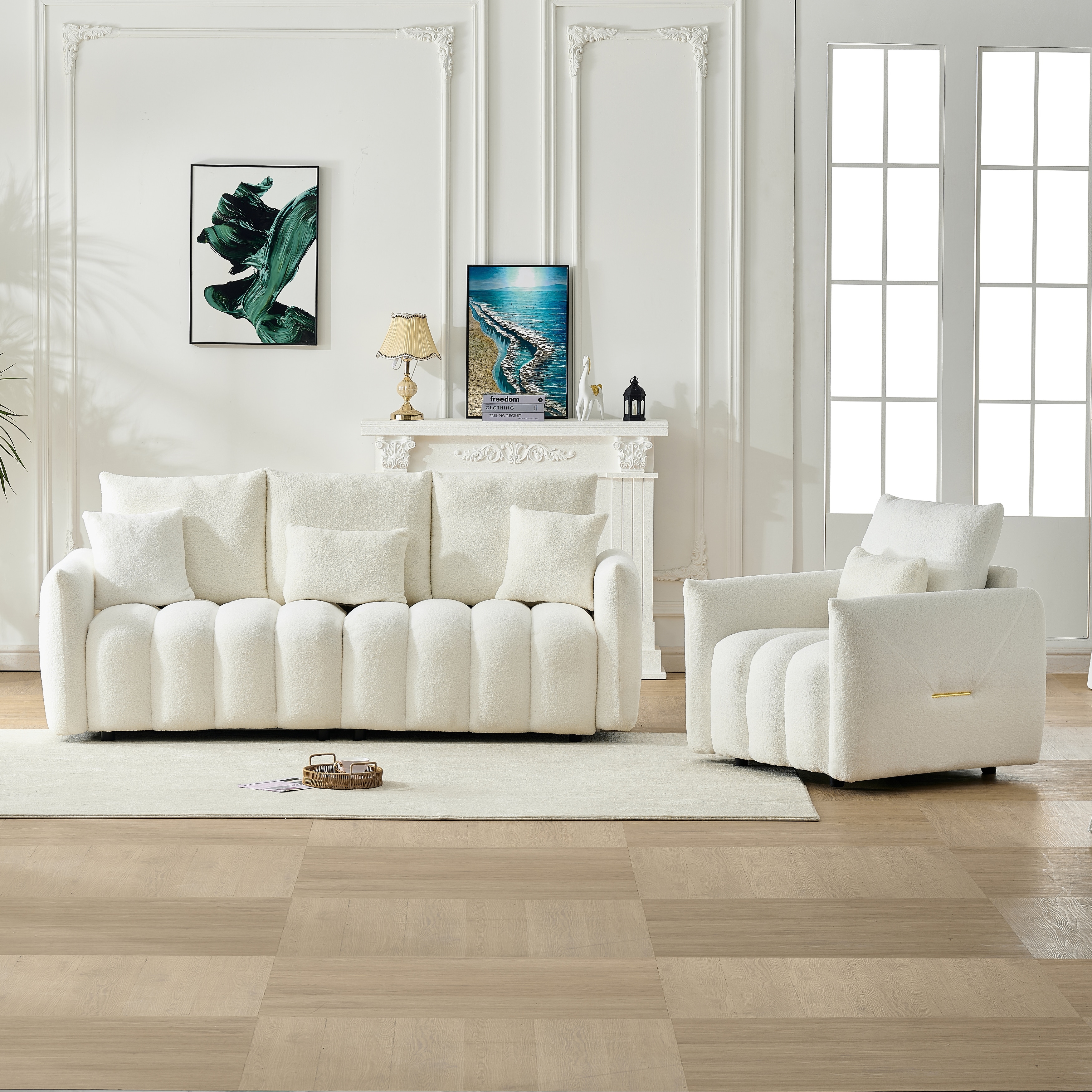 Modern Teddy Velvet 3 Seater + Single Sofa Set, Oversized Deep Seat Cloud Couch Set of 2, Living Room Furniture Set for 4