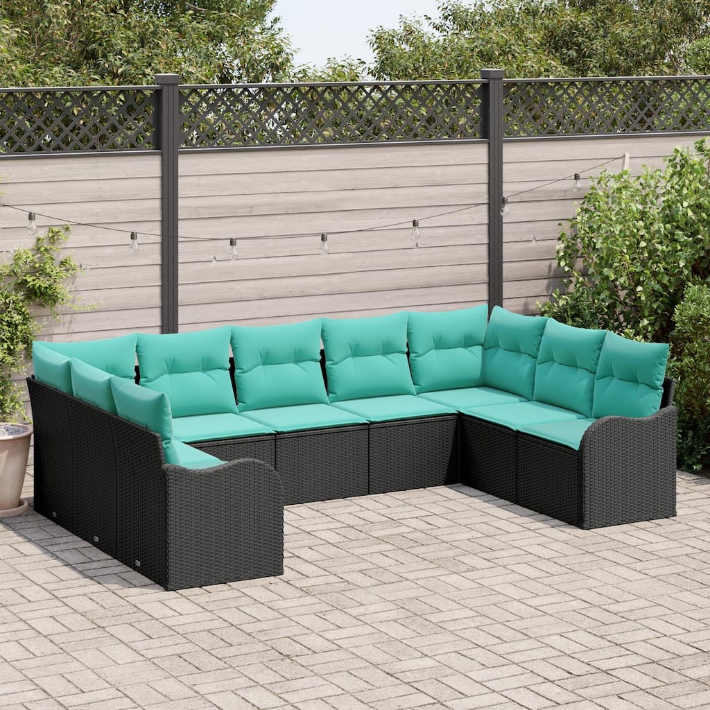 vidaXL 9 Garden Sofa Set with Cushions Black Poly Rattan - 113.8 x 69.9 x 27.2