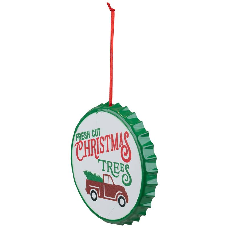 4" White Iron Cap "Fresh Cut Christmas Tress" With a Vintage Truck Ornament
