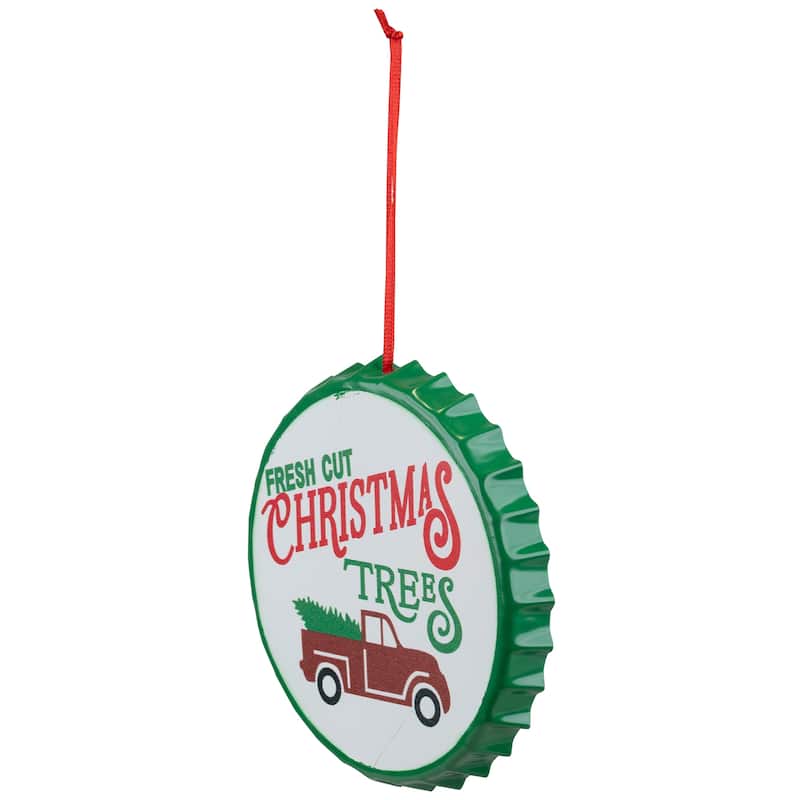 4" White Iron Cap "Fresh Cut Christmas Tress" a Vintage Truck Ornament