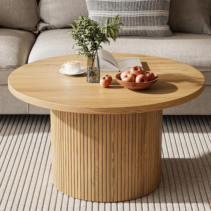35 Inch Round Coffee Table Metal Frame Wood Top Center Table for Apartment - N/A - Natural