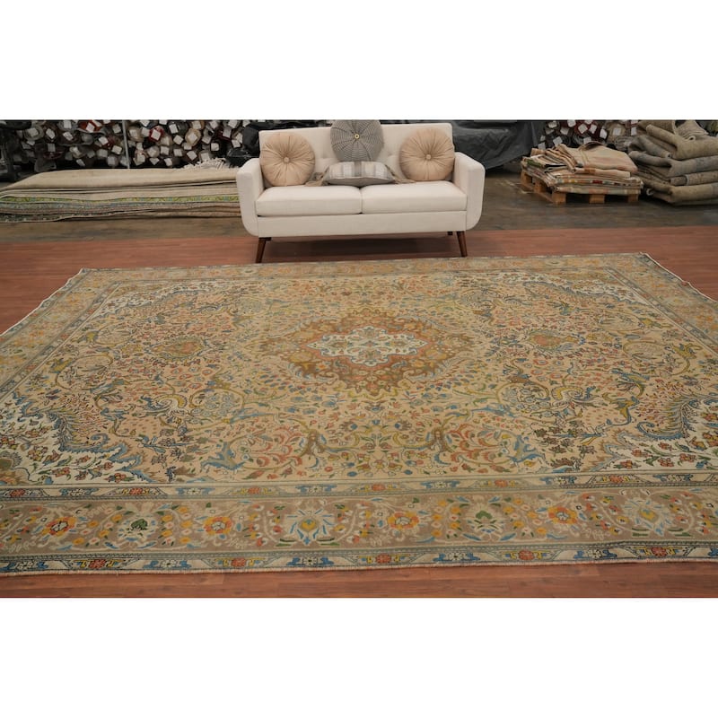 Hand Knotted Oriental 100% Wool Carpet Traditional Floral Brown Tabriz Area Rug - 12' 8'' X 9' 7''