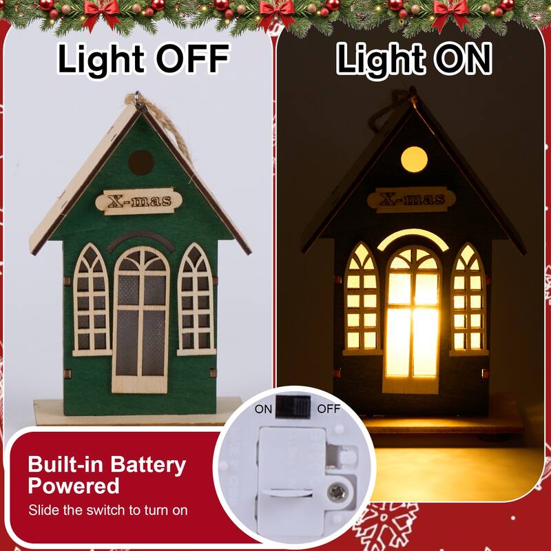 Christmas Village Holiday Lighted Wood House Decor - Battery Operated, Red/Green - 5.11'' H X 3.14'' W X 1.96'' D