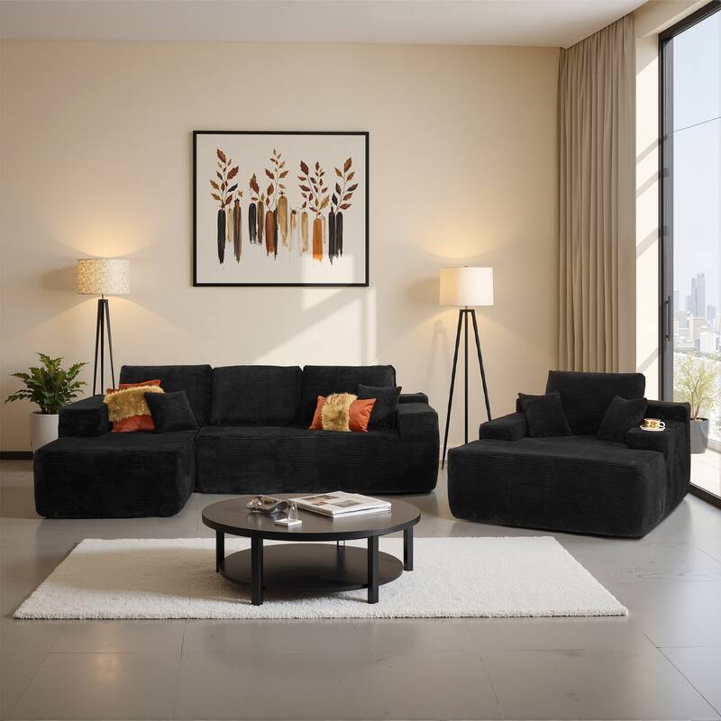 ​​OVIOS Modern Minimalist No-Assembly Living Room Set​ - Left​​Corduroy​-Black