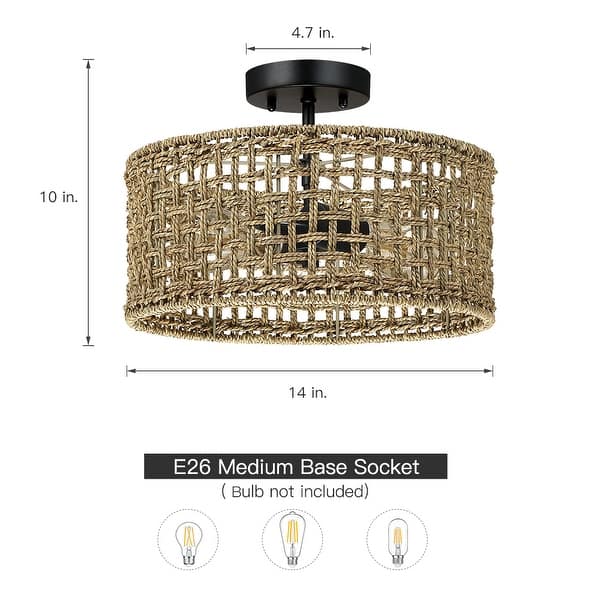 Randy 2-Light Rattan Drum Semi-Flush Mount Ceiling Light - 14"W