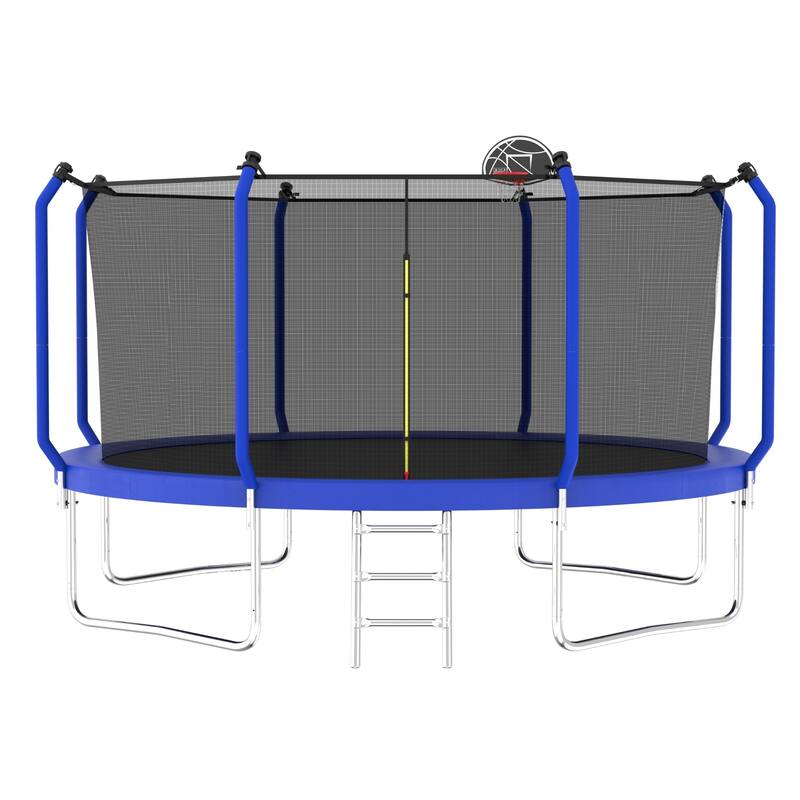 Outdoor Trampoline with Safety Net, Basketball Hoop & Ladder - 14FT