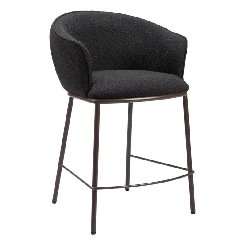 26-Inch Shearling Black Upholstered Seat Bar Chair with Arms and Footrest Bronze Metal Legs - 37”H x 24.4”W x 24”D