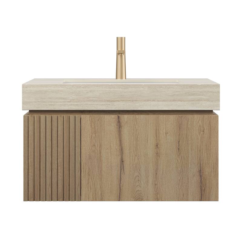 GDFStudio - Muri 30" Floating Bathroom Vanity with Travertine-Pattern Sintered Stone Countertop & Basin, WITHOUT Faucet