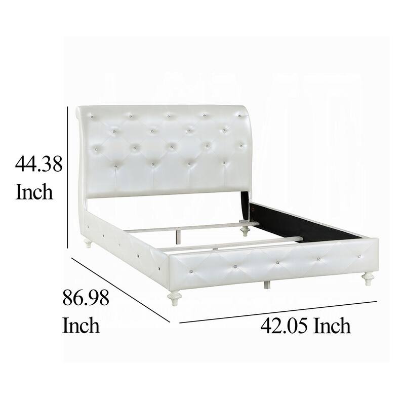Dorie Twin Bed, Pearl White Faux Leather Victorian Carved w Crystals