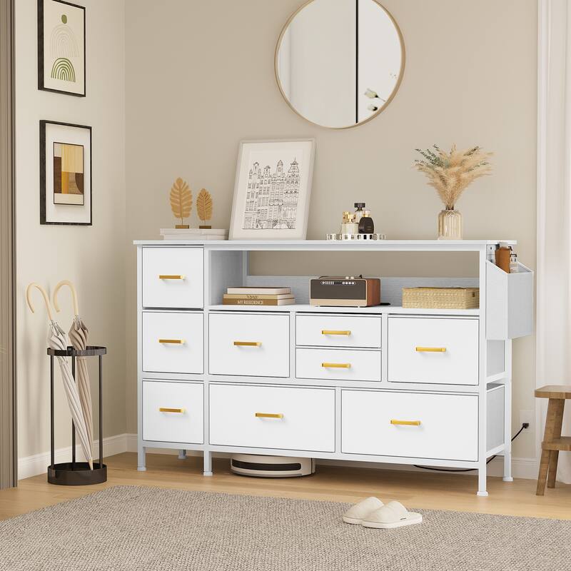 Moasis 50"W 9-drawer Fabric Dresser, Media Console, TV Stand with Outlets, RGB Lights - White no Light - 9-drawer