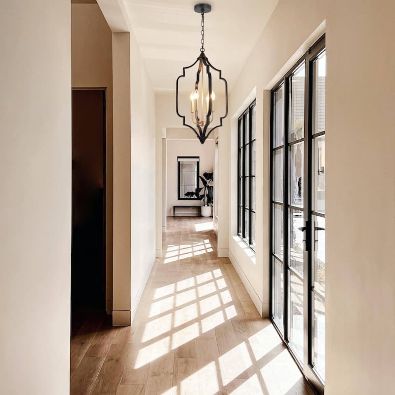 Modern 4-Light Black Gold Chandelier Metal Cage Candle Pendant Lights for Dining Room - 15" L x 15" W x 27" H