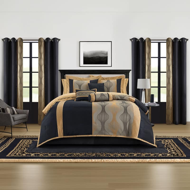 Nanshing Daniella 15 Piece Modern Geometric Room-In-A-Bag - Black Gold - King