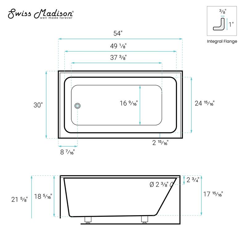 Lausanne 54" X 30" Left-Hand Drain Alcove Bathtub With Apron - 30x54 Left