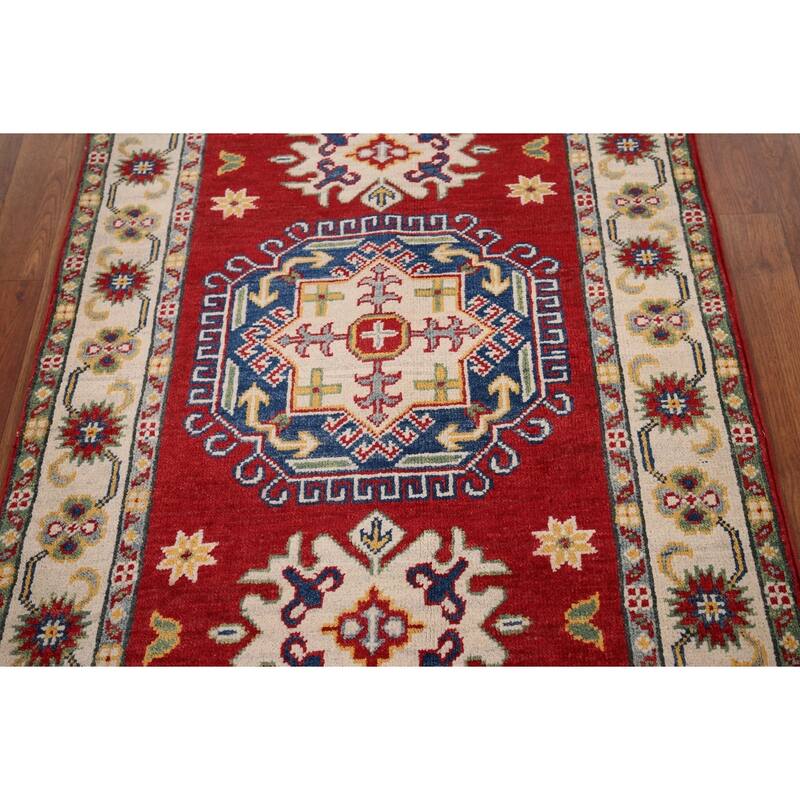 Red Geometric Kazak Foyer Rug Handmade Wool Carpet - 2'10" x 4'1"