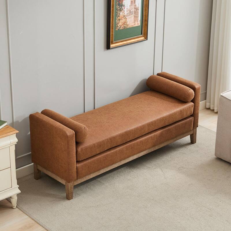 ​66" Upholstered Storage Bench - PU with Bolster Pillows - Brown PU+Wood Legs