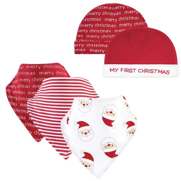 slide 1 of 1, Hudson Baby Infant Boy Cotton Bib and Caps Set 5pk, Santa, One Size - Santa - One Size One Size - Santa