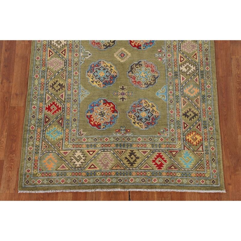 Geometric Kazak Oriental Area Rug Handmade Green Wool Carpet - 4'0" x 6'2"