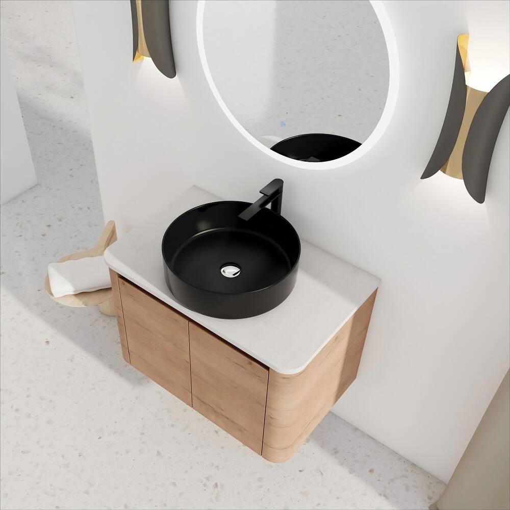 30'' Wall-Mounted Bathroom Vanity With Ceramic Art Sink & 2-Soft-Close Door, KD-Packing, Plywood