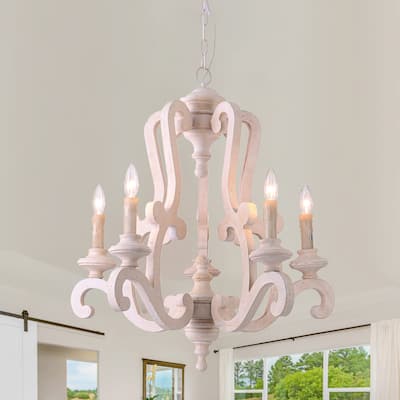 5-Light White Wood Vintage European Style Chandelier French Country Adjustable Pendant Lighting - N/A