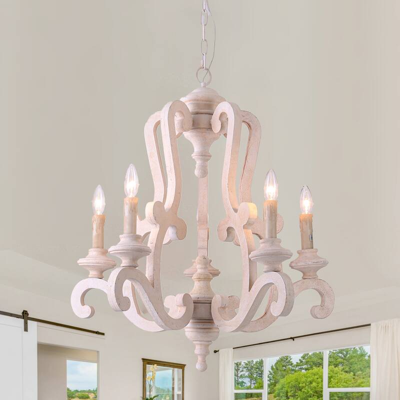 Bella Depot 5-Light Vintage Distressed Wood Pendant Light, Retro French Country Chandelier - Cream white
