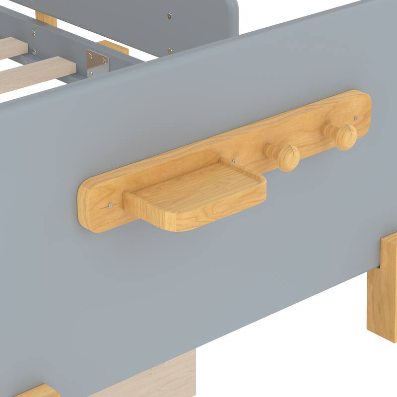 Roomfitters Platform Bed with Storage Drawers and Shelf, Solid Wood Frame with Hooks and Guardrails