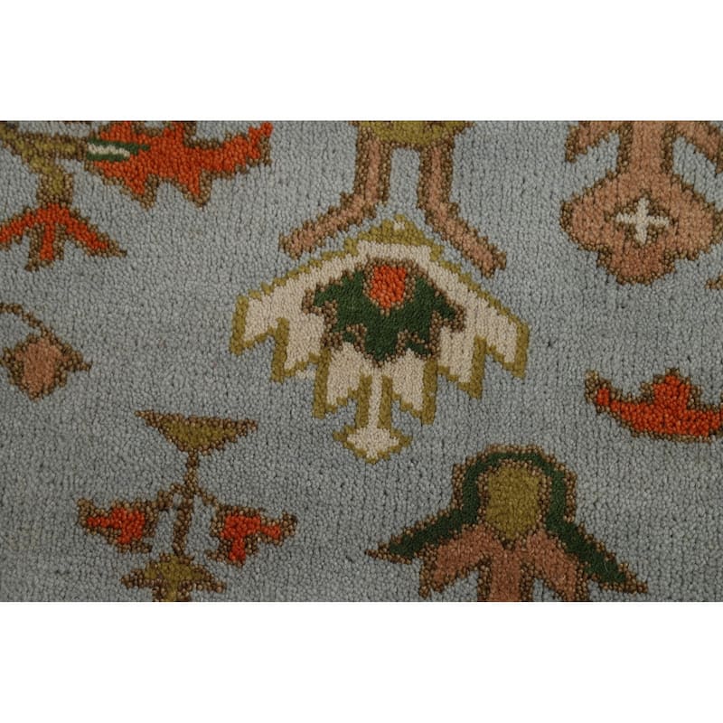 Light Blue Geometric Oushak Indian Area Rug Hand-Knotted Wool Carpet - 9'0"x 11'9"